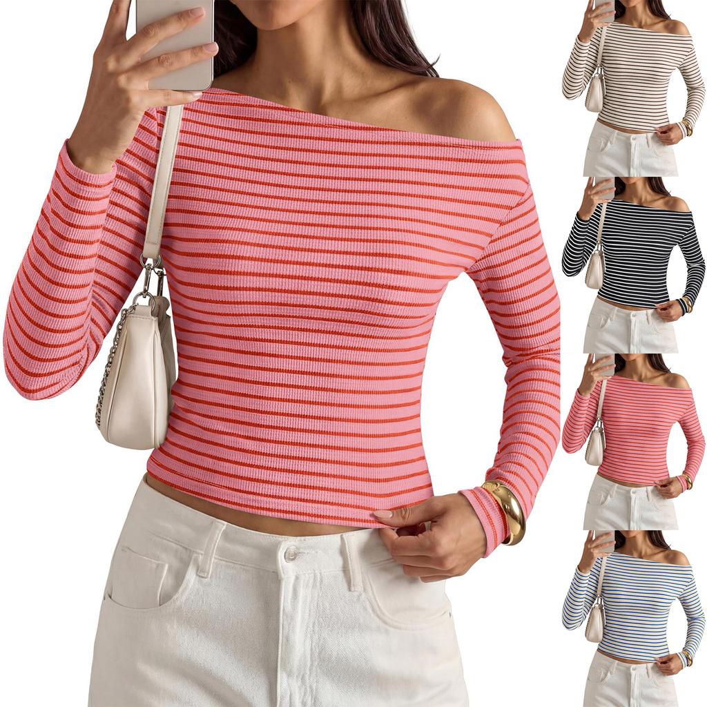 Women Long Sleeve Striped Ribbed Knit Top Off Shoulder Casual Slim Fit Lightweight Sweater Stretchy Pullover Shirt
