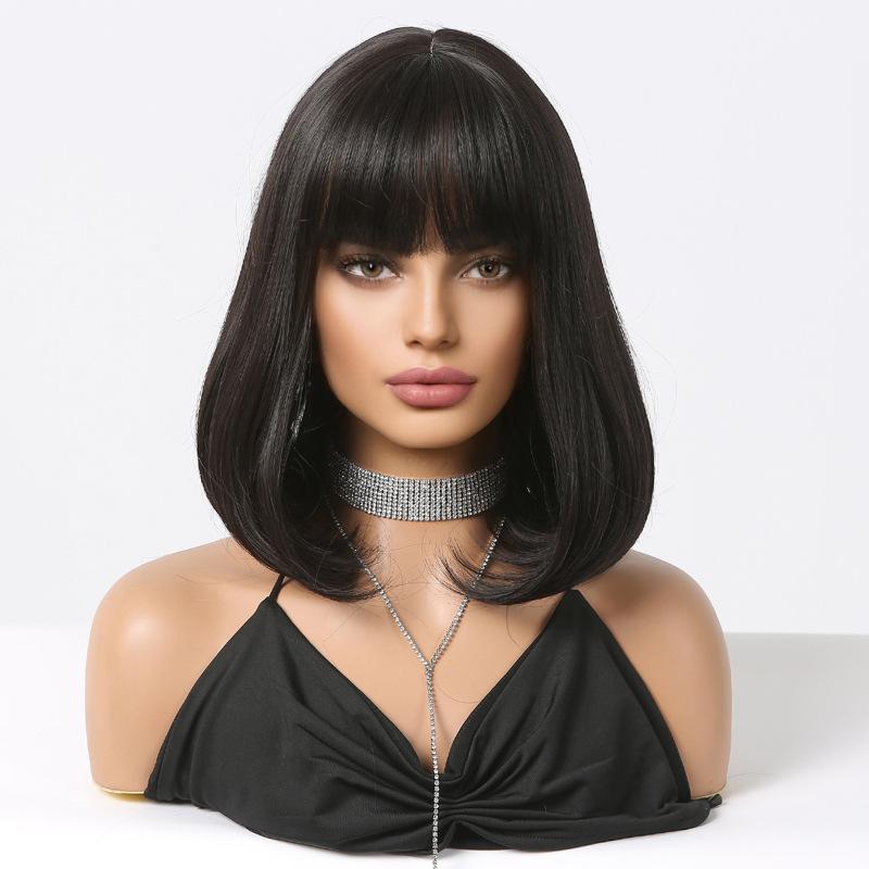 Black BoBo Synthetic Wig with Bangs Shoulder Length Bob Straight Wig for Women Cosplay Daily Hair Wig Heat Resistant Wigs