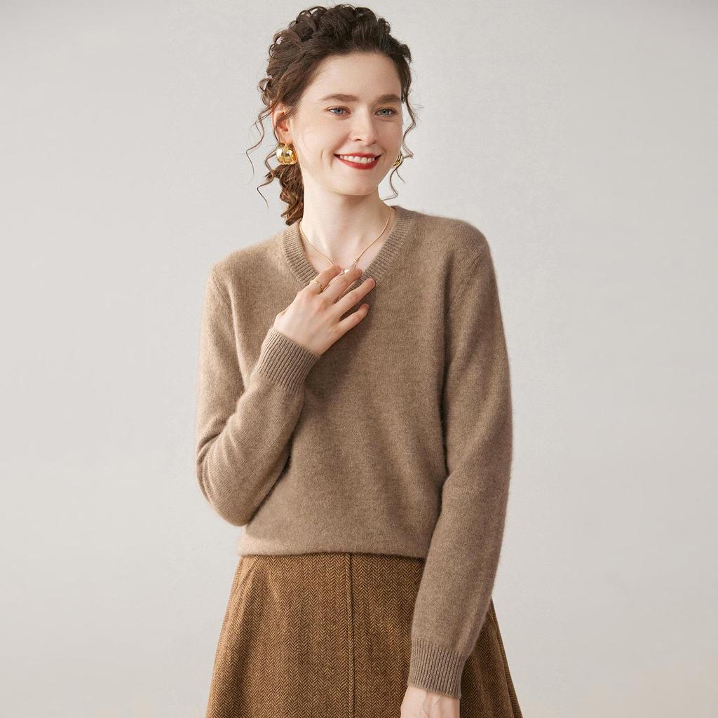 Damen Kaschmir V-Ausschnitt Pullover - Verdickte Herbst/Winter Strickware, Langarm, Überschnittene Schulter, Sieben-Stich Pullover Basisschicht.