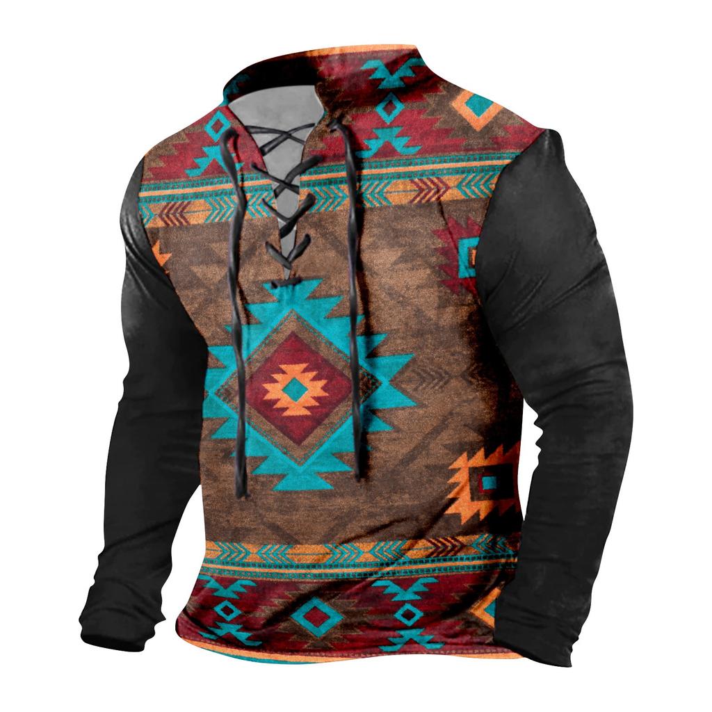 Men's Fashion Casual Printed Long Sleeve Bandage Retro Shirt Top Blouse