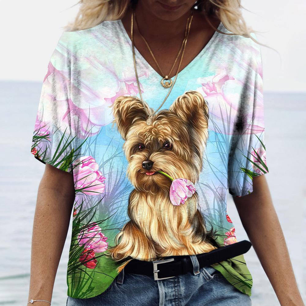 

Летний топ с V-образным вырезом и принтом 3D-собаки, модные повседневные женские футболки с короткими рукавами XS