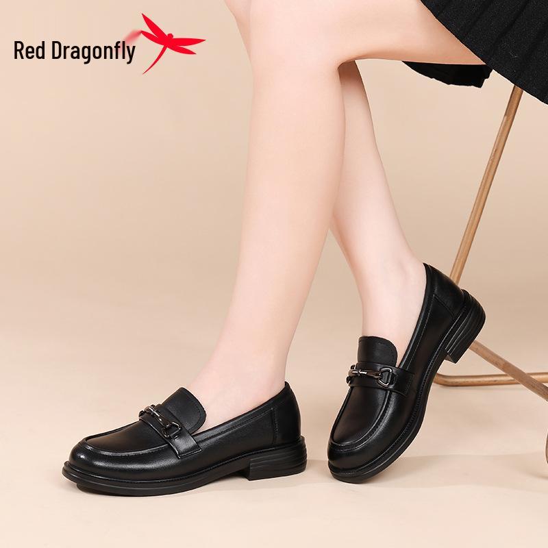 Red Dragonfly Women's Chunky Heel Loafers: Spring/Autumn Black Leather Shoes with Thick Soft Sole for Comfortable Wear