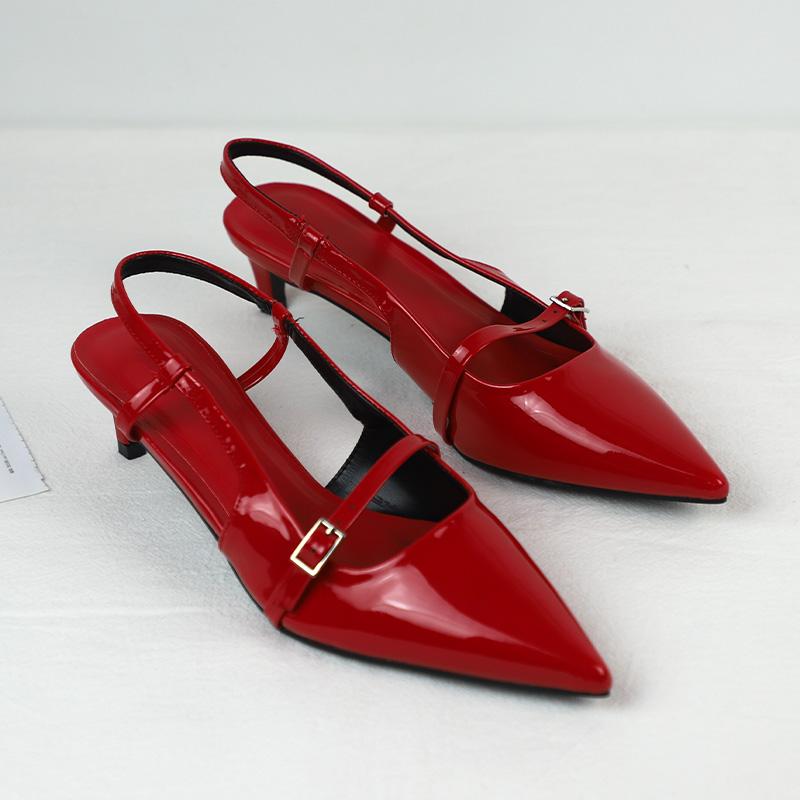 Fashion Patent Leather Women Sandals Sexy Pointed Toe Back Strap Buckle Summer Slingback Footwear Large Size High Heel Red Wedding Shoes