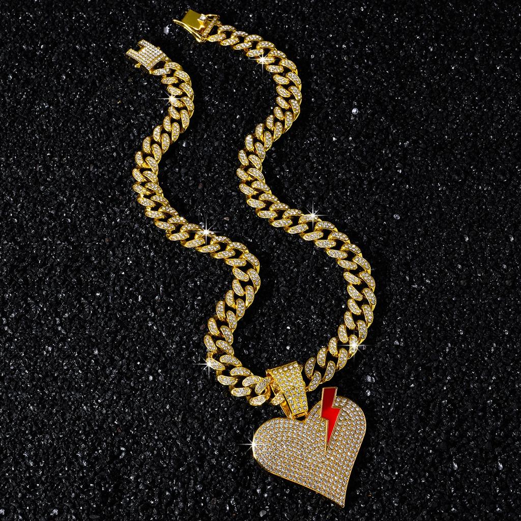 Iced Out Lightning Heart Pendant Necklaces Alloy Gold Plated Crystal Cuban Chain Hip Hop Bling Jewelry with Red Enamel Lightning