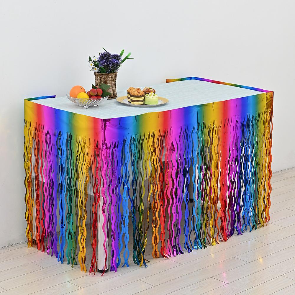 Rainbow Silk Table Skirt: Colorful Birthday, Wedding, and Holiday Party Decoration