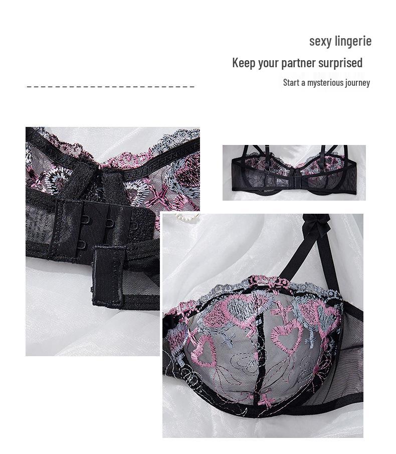 Pink & Black Sexy Floral Embroidered Mesh Lingerie Set - Sheer Bra & Thong Two-Piece