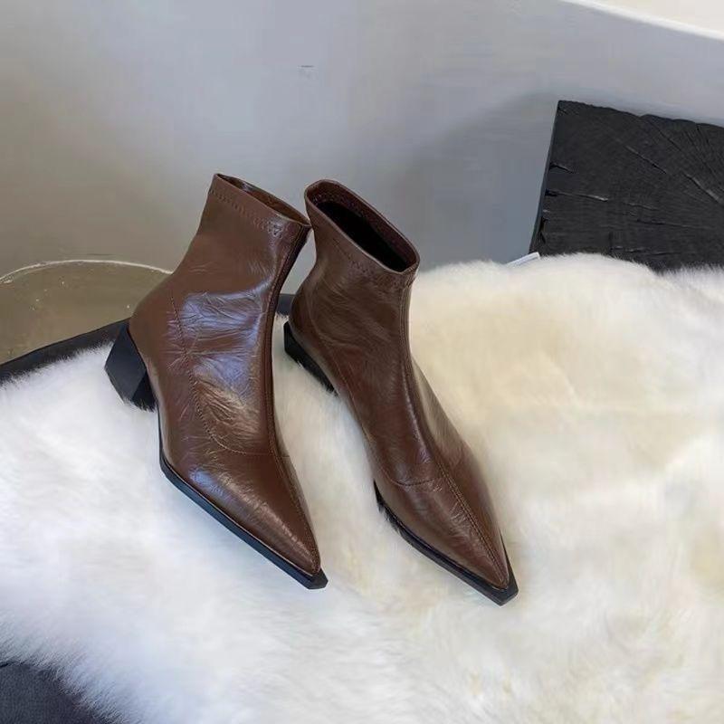 Women Ankle Boots Leather Mid Heels Shoes 2025 Trend Fashion Chelsea Boots Winter Walking New