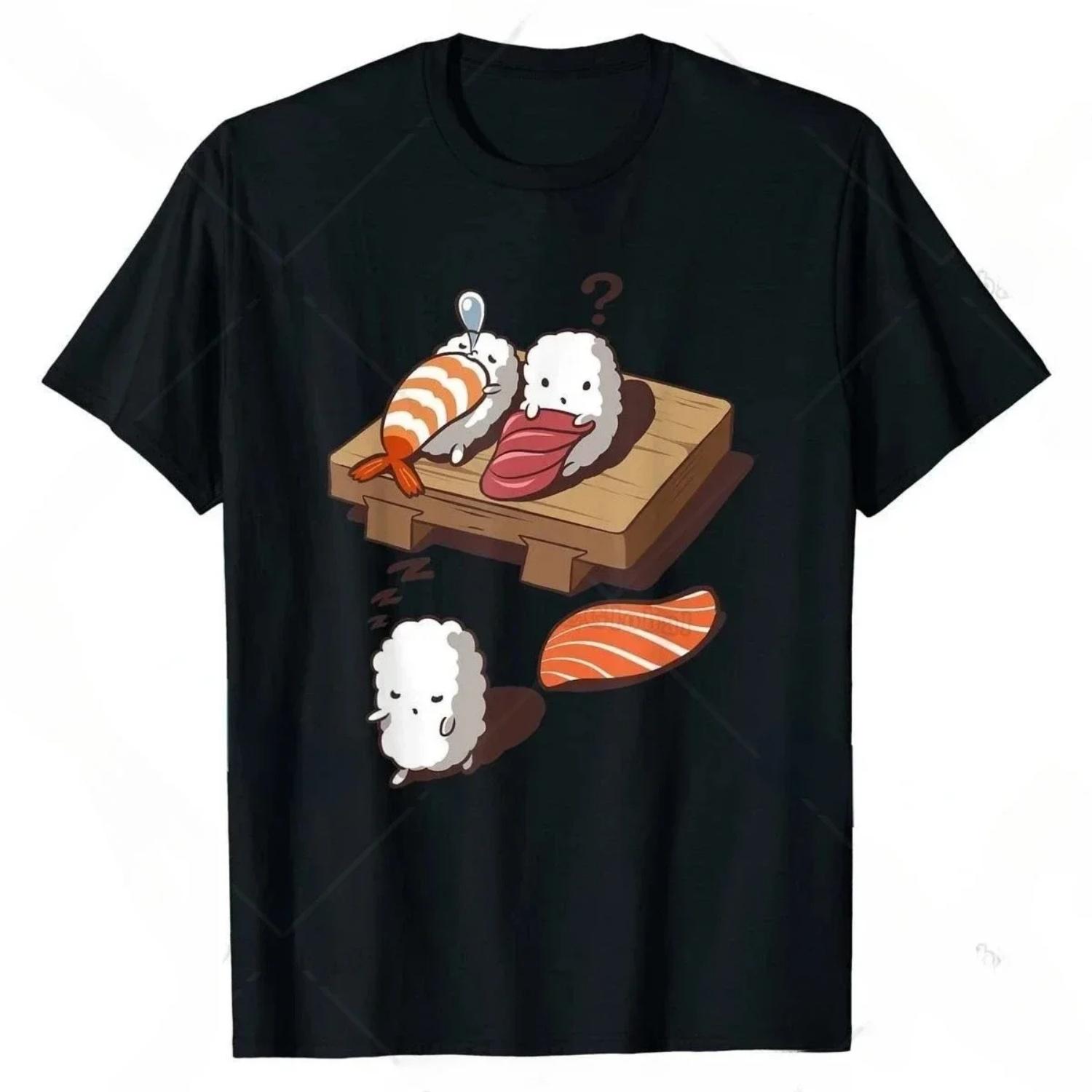 

Women Short-sleev Fashion Graphic Tshirts Harajuku Casual Streetwear Tops Funny Japanese Nigiri Sushi Sleepwalking Tee Y2K Top S чёрный