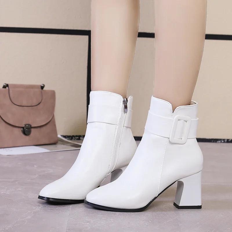 White Black Thick High Heel Ankle Boots Women  Pointed Toe Keep Warm Elegant Short Booties Ladies Ankle Buckle Decoration