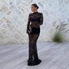 European and American Style New Sexy Hollow Semi-transparent Long Dress Summer Long-sleeved Lace Spice Girl Slim-fit Hip-wrapped Dress