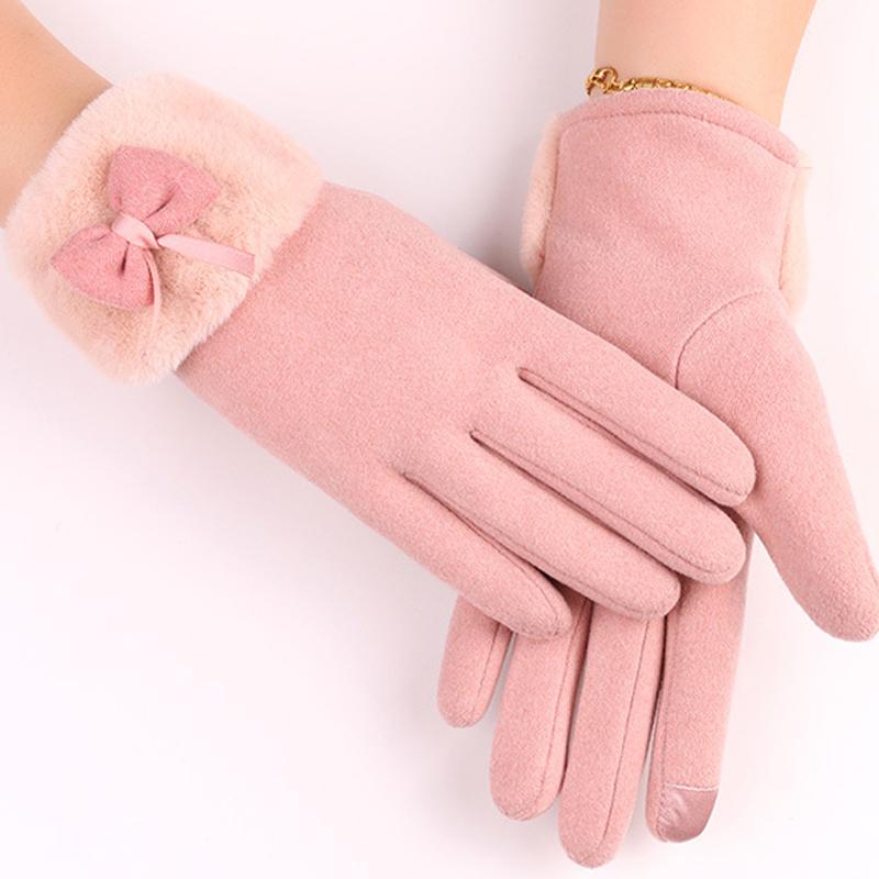 Women's Velvet Outdoor Cycling Bow Warm Gloves Windproof and Cold-proof Touch Screen Gloves