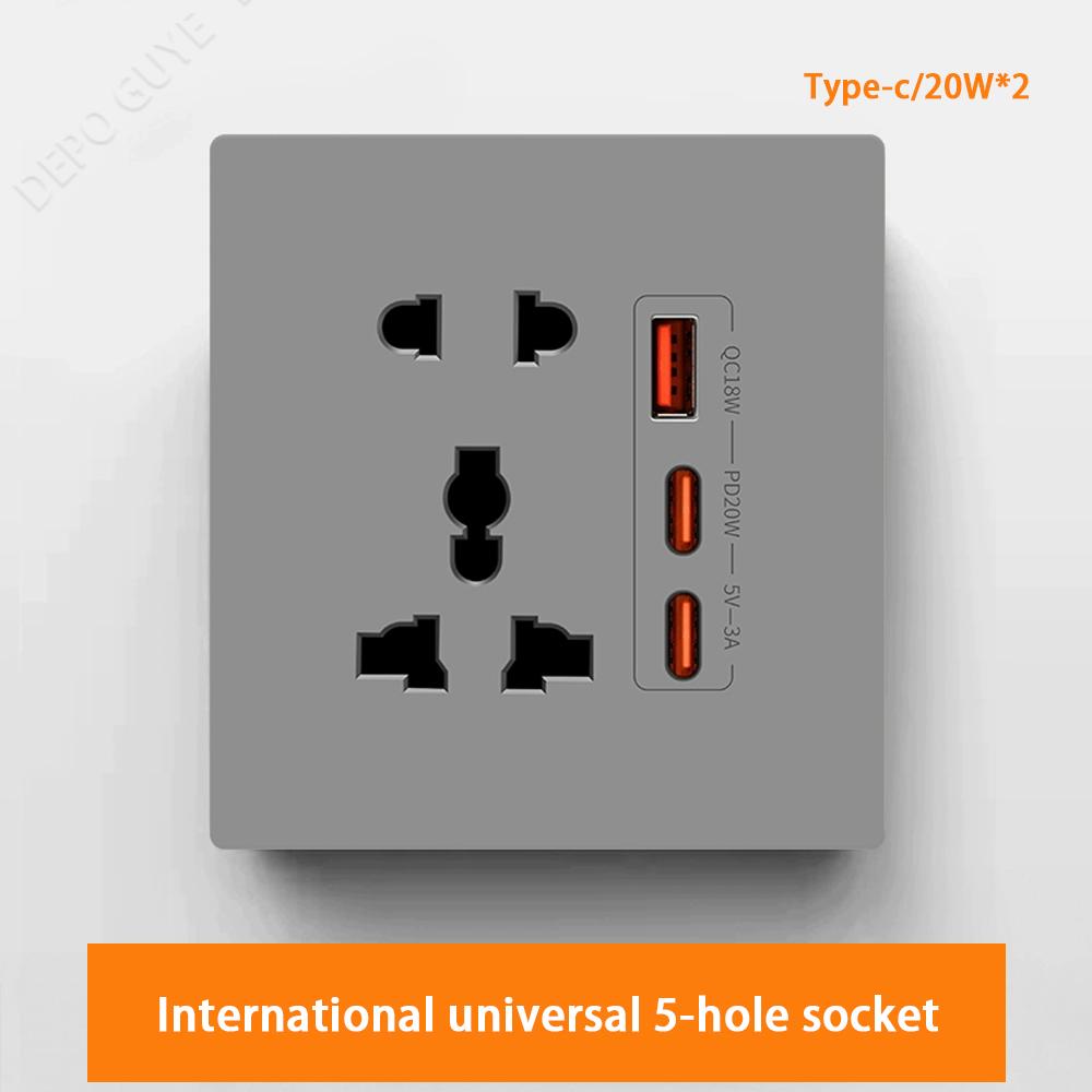 Universal 5Pin Socket With 20W Fast Charging Double Type-C Port,UK Wall  Electrical USB Plastic Power Plug Outlet AC 110V-250V