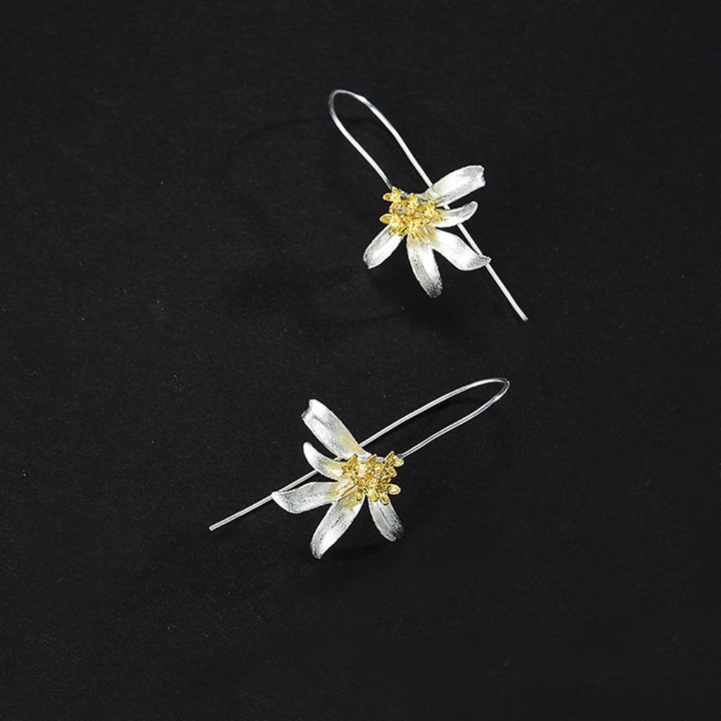 Two Tone Lily Flower Long Threader Drop Earrings Handmade Petal Dangle Ear Rings for Women Elegant Nature Jewelry
