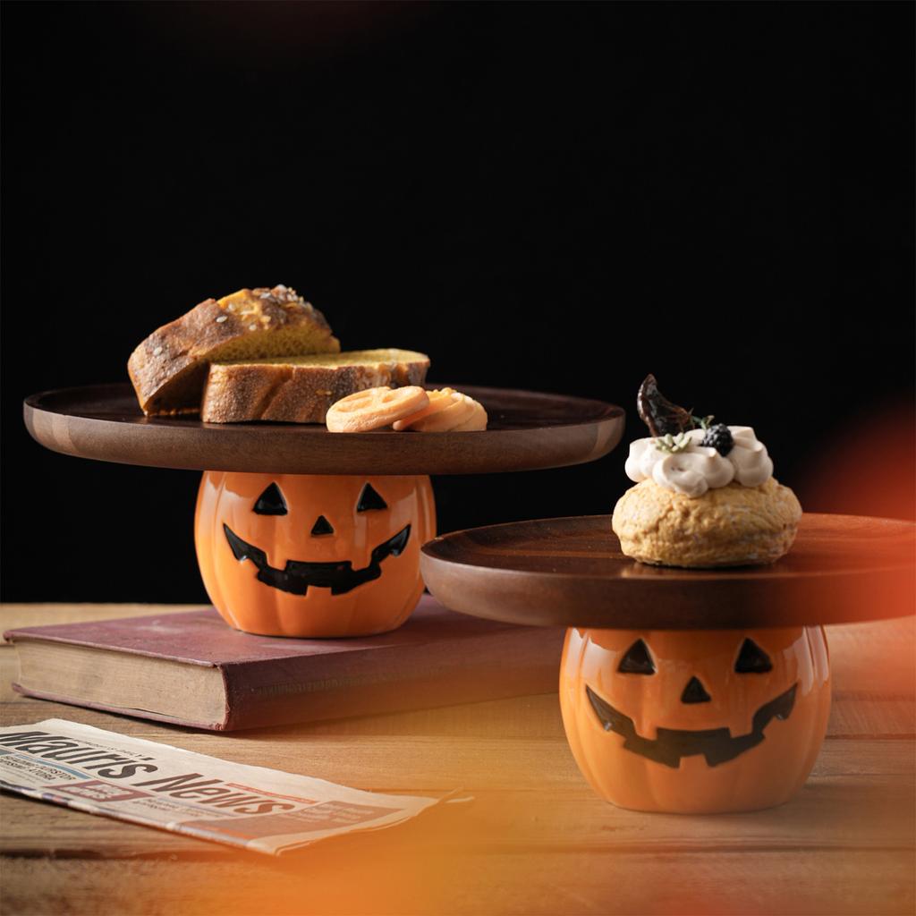 Halloween Pumpkin Wooden Serving Tray – Wooden Dessert and Bread Display Stand for Holiday Party Décor