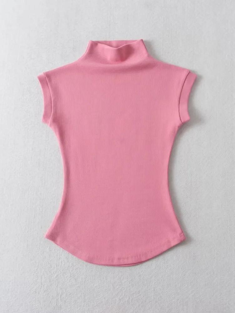 Women Summer Sexy Half Turtleneck Sleeveless T-Shirts Tops Solid Slim Fit Pullovers Causal Tees Shirts Female Streetwear Basics Tees