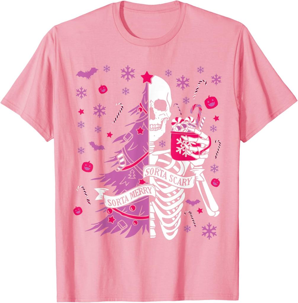 Sorta Merry Sorta Scary Skeleton Christmas Tree Graphic Tee Casual Cotton Short Sleeve T-Shirt for Men