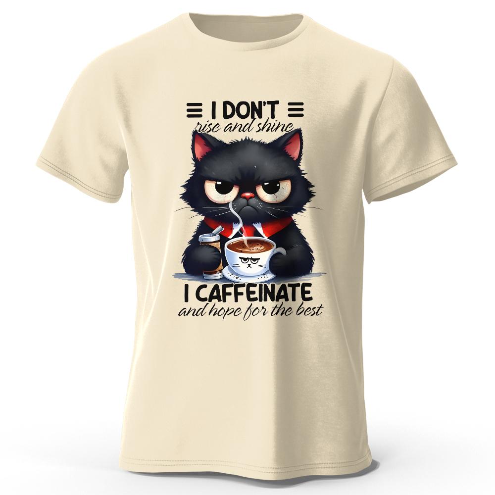 Coffee Loving Cat Print 100% Cotton T-Shirt, Soft & Breathable Round Neck Short Sleeve Tee, Unisex Fun & Quirky Style