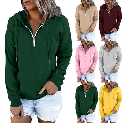 Women's Solid Color Pullover Hoodies Tops Casual Zipper Long Sleeve Pocket Sweatshirts