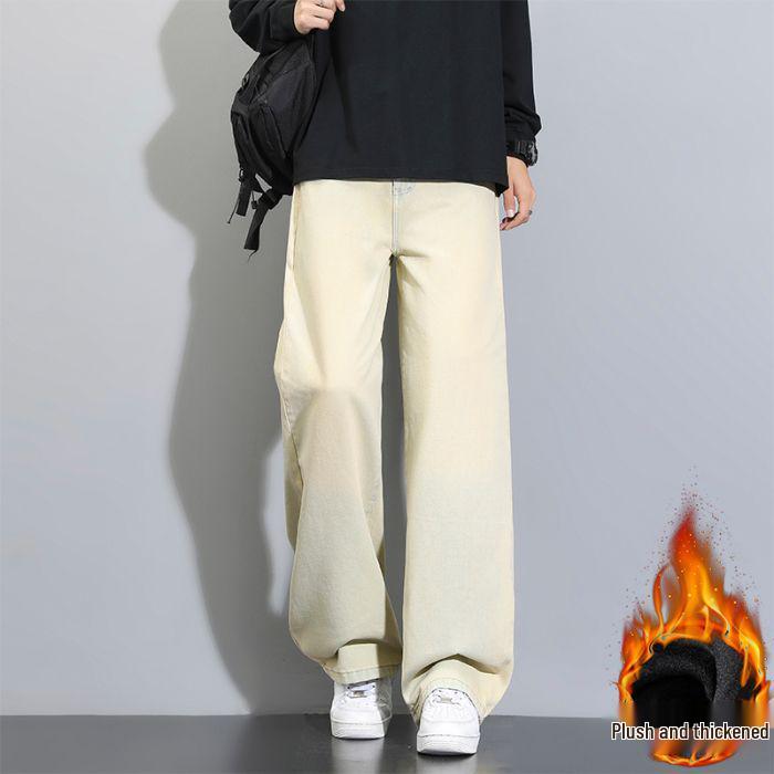 Herren Fleecegefütterte Weitbeinjeans - Unifarben, Lockere Passform, Herbst/Winter Trendiger High Street Stil