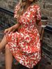 V-Neck Leaf Print Short Sleeve Belted Dress for Women