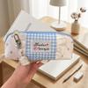 Blue White Gingham Pencil Case With Lace Trim For Students Durable And Spacious