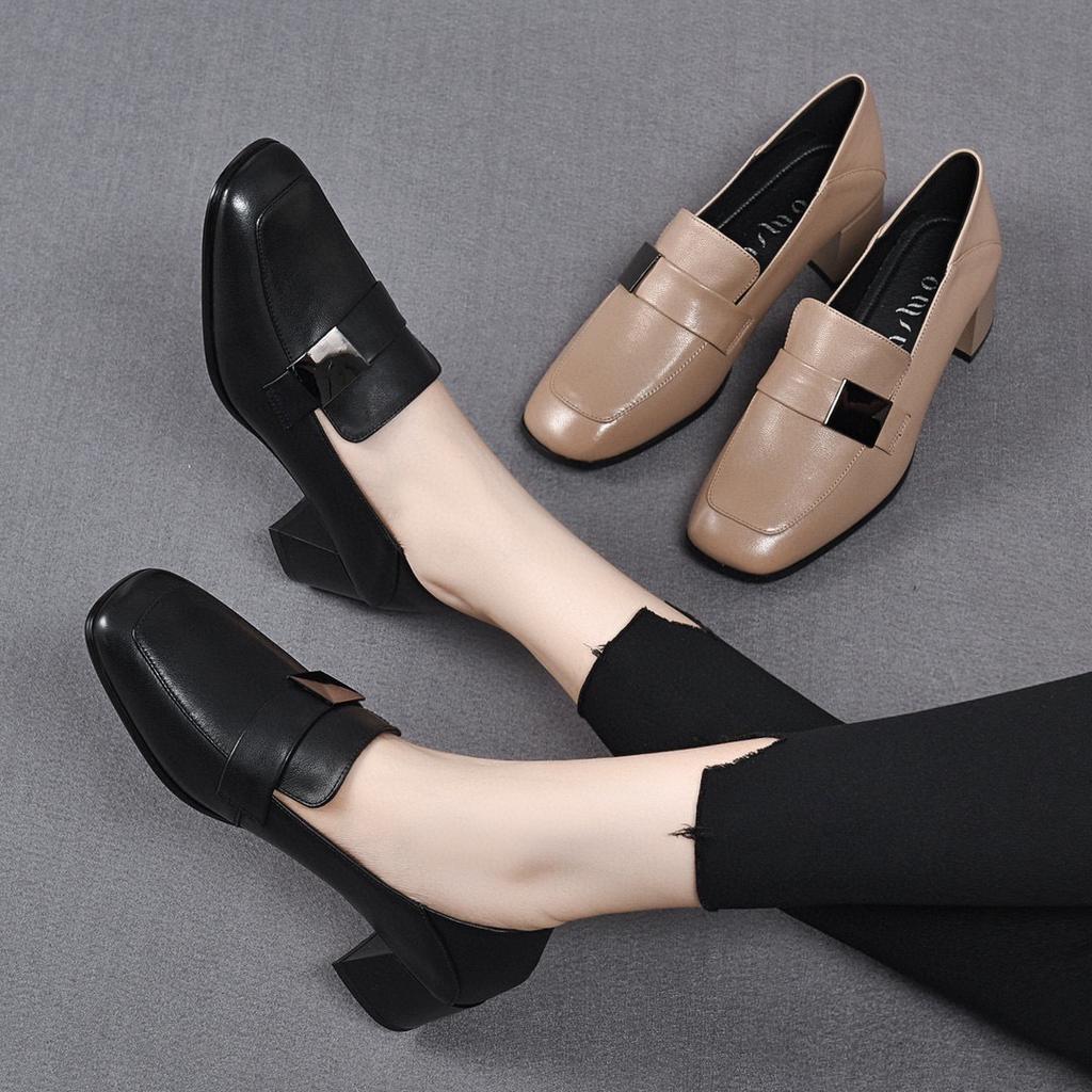Temperament square head spring new simple thick heel square buckle first layer cowhide two wear deep mouth women's single shoes