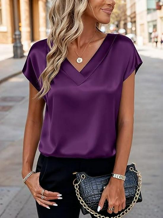 Women's Solid Color Satin V-neck T-shirt - Spring/Summer European & American Fashion Pullover Top
