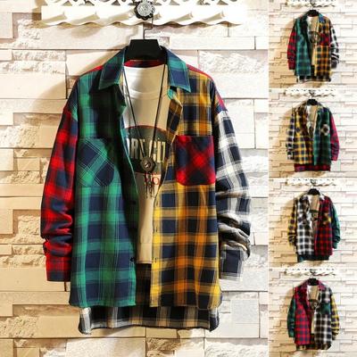 Men Spring Shirt Colorblock Plaid Print Single-breasted Loose Long Sleeve Lapel Buttons Streetwear Casual Cardigan Shirt Coat