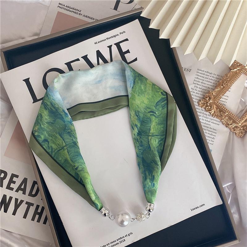 Luxury Design Magnetic Button Summer Silk Scarf Women Magnetic Pearl Necklace Scarves High End Matching Shirt Scarf Lady