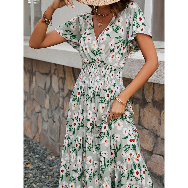 Summer New Arrival Fashion V-neck Short Sleeve Print Dress Women's European and American Fashion Waist-Tight Figure Flattering Wide Hem Long Dress