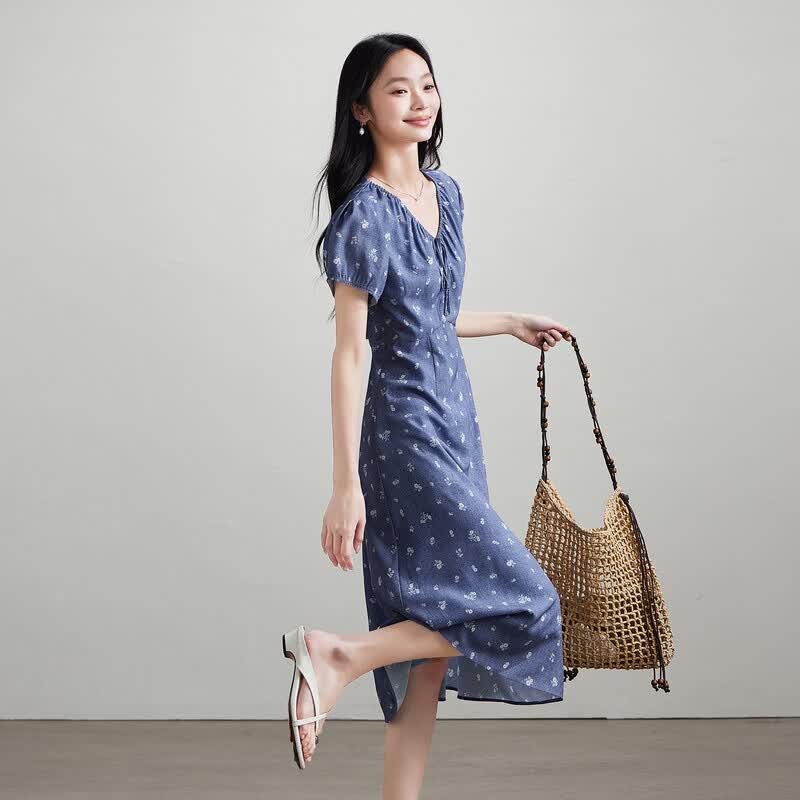 French V-neck Short-Sleeve Floral Dress