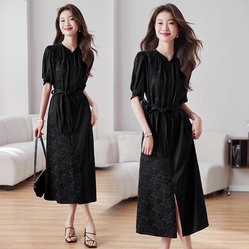 Jacquard dress summer women's clothing round neck split ends fashionable atmosphere thin long dress dress