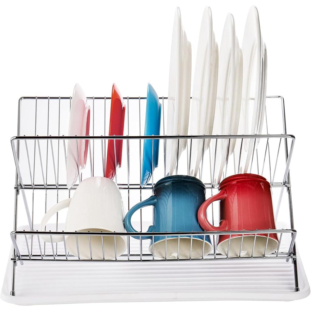 Foldable Dish Drying Rack with Drip Tray, Stainless Steel 2 Tier Dish Drainer Rack, Collapsible Dish Drainer, Folding Dish Rack