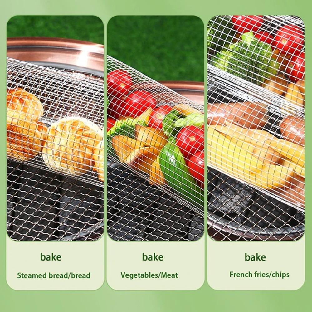 Stainless Steel Barbecue Cage Cookware Rolling Grilling Basket Portable Grill Basket  Camping