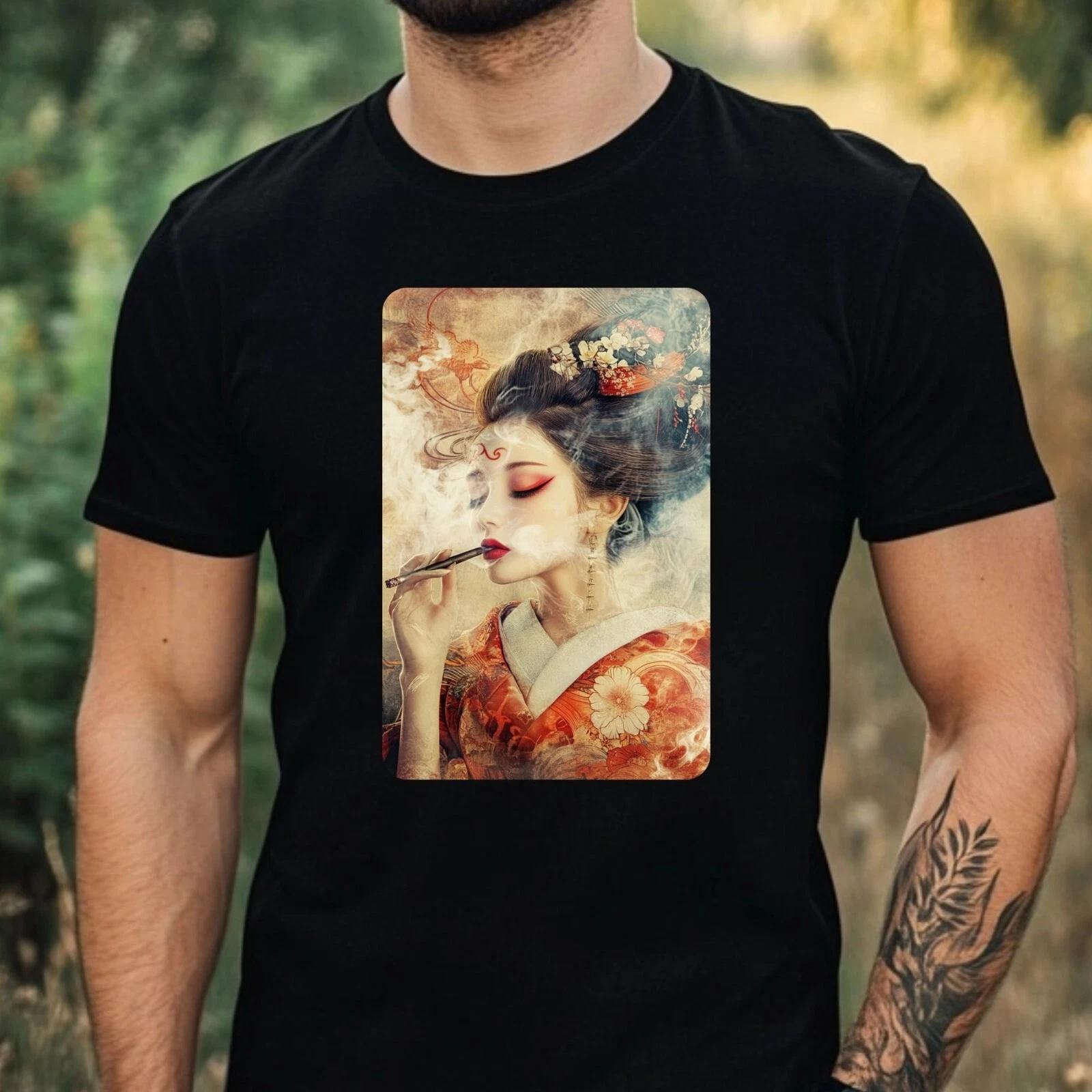T-Shirt Herren Geisha Raucht Motiv Baumwolle Größe XS bis 5XL S