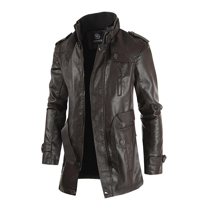 Men's Stand Collar Leather Jacket - Autumn/Winter 2021, Mid-Length, Loose Fit, Plus Velvet, Plus Size, PU Leather.