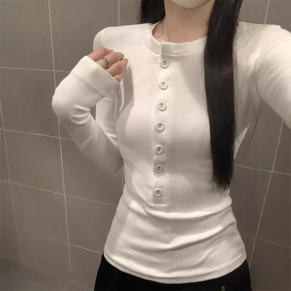 Spring high-end front shoulder long-sleeved shirt women's single-breasted slim-fit Spice Girl style top versatile bottoming shirt