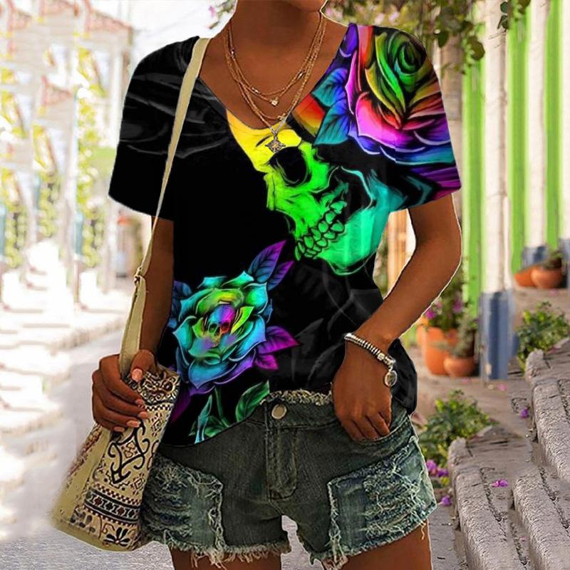 Damski T-shirt z dekoltem w serek i krótkim rękawem Letnia odzież modowa Top z nadrukiem kota Casualowy luźny T-shirt z krótkim rękawem Odzież damska