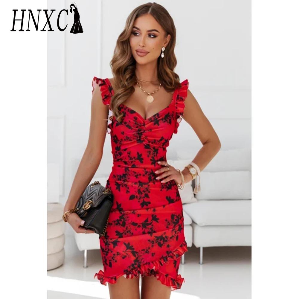HNXC Summer Women Floral Print Butterfly Sleeve Bodycon Dress Ruffle V Neck Bandage Casual Short Sundress Female Beach Spaghetti Strap Mini Dress