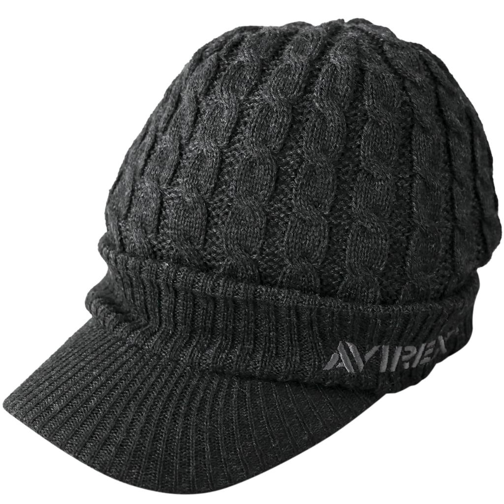 AVIREX Cable Knit Cap with and Winter Knit Black 023 Loose-Fit Brim, Men's Women's Cap, Mix,