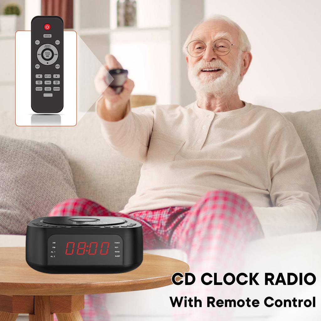 CD Player Alarm Clock USB Charging Dimmable Display Desktop Bluetooth Radio CD Player with Speaker Remote Control for Bedroom