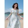 Sancai Women's 2025 Summer Plus Size French Square Neck Embroidered Dress