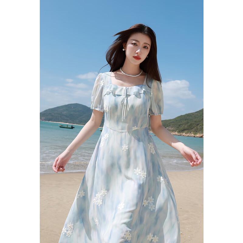 Sancai Women's 2025 Summer Plus Size French Square Neck Embroidered Dress