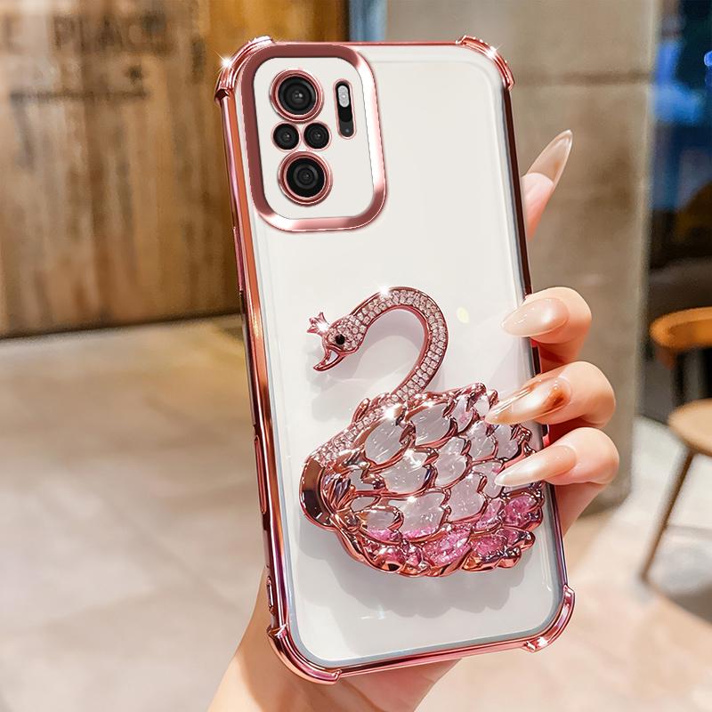 KEYSION Shockproof Plating TPU Phone Case for Redmi Note 10 10S 10 Pro 4G Glitter Jewelled Swan kickstand Back Cover for Xiaomi POCO M5S