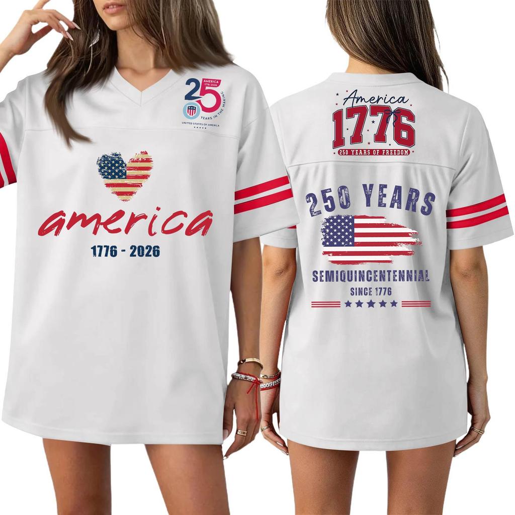 Damska Codzienna Modna Koszulka Sportowa z Dekoltem V z Nadrukiem na Dzień Niepodległości Krótkim Rękawem Top