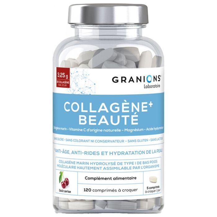Collagène+ Beauté GRANIONS | Collagène Marin| Acide Hyaluronique + Vitamine C + Magnésium | 120cp | Goût Cerise | Made In France