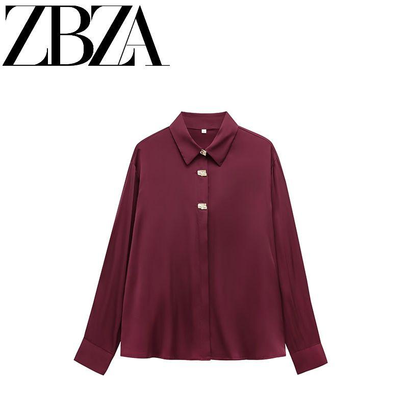 Zab Autumn New Women's Clothing Fashion Style French Gold Decorated Row Button Silk Satin Textured Shirt 2138748