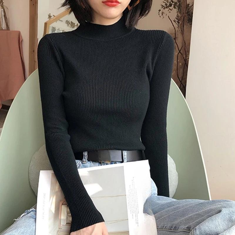 Suéteres de manga larga de otoño para mujer, suéteres de punto de cuello medio alto, prendas de punto casuales para mujer, tops de color sólido, ropa de invierno ajustada 27972