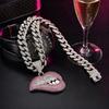 Colar de Corrente Cuban Link Hip Hop, Pingente de Lábio Torto com Strass, Gargantilha Iced Out Banhada a Prata para Homens e Mulheres, Streetwear Moderno