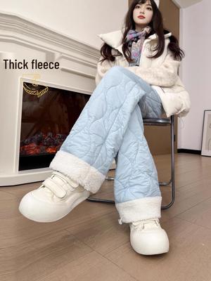 Women's Blue Northeast Fleece-lined Wide-leg Cotton Pants for Autumn/Winter - Windproof, Coldproof Ski Wear